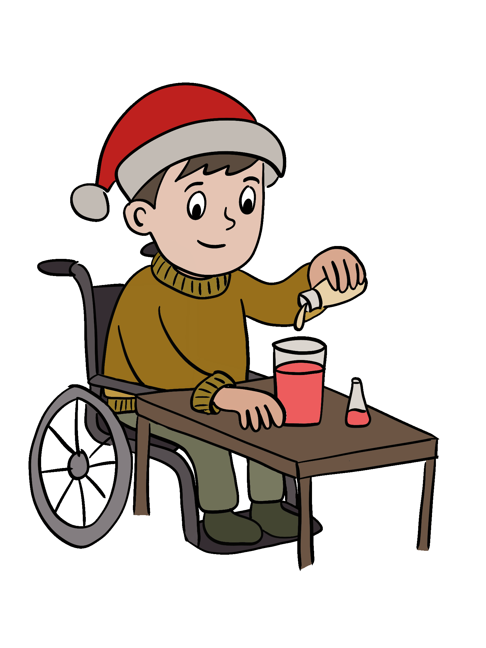 Kind gießt Öl in ein volles Glas Wasser.