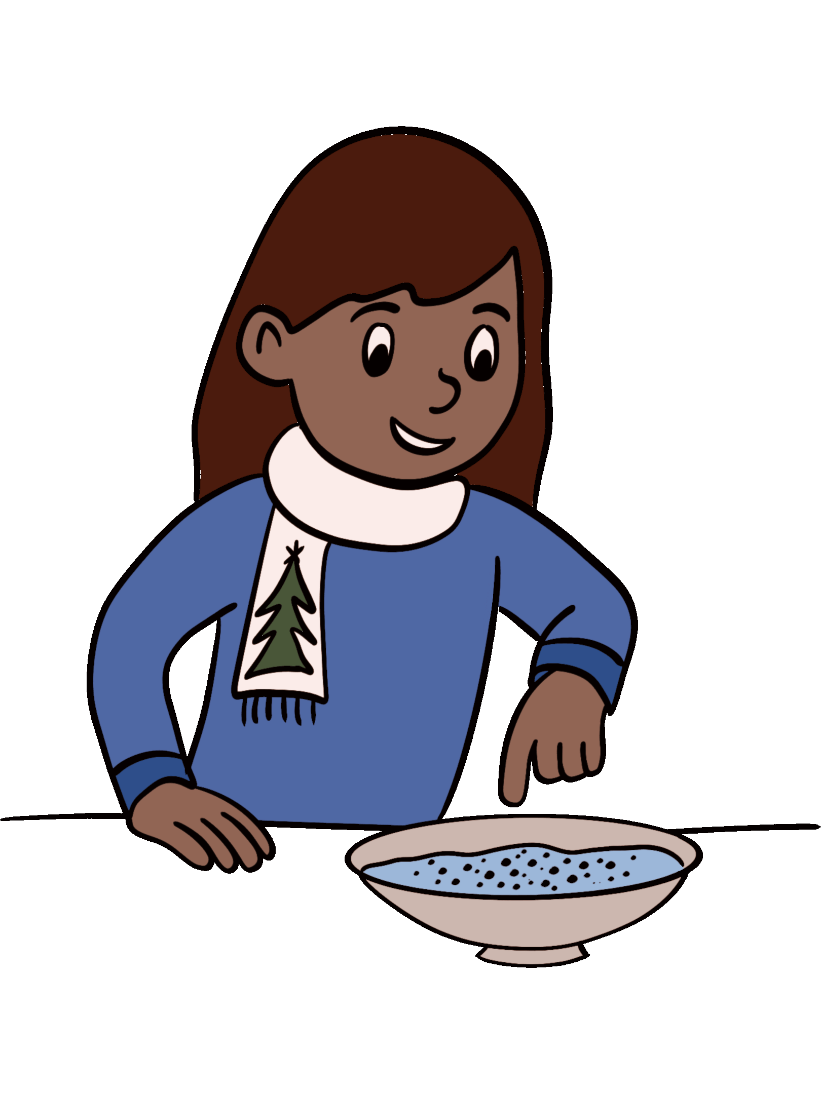 Ein Kind tippt mit dem Finger in die Mitte einer Schüssel mit Wasser und Pfeffer