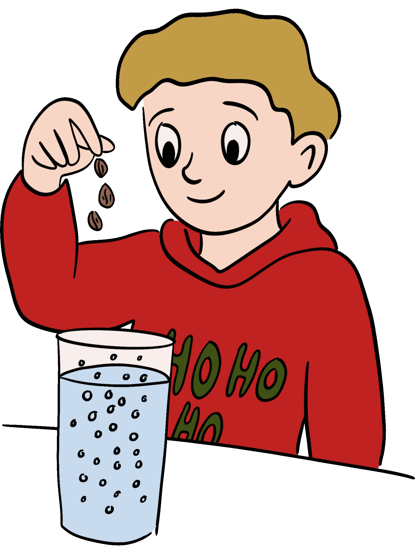 Kind füllt ein Glas mit Sprudelwasser und Rosinen