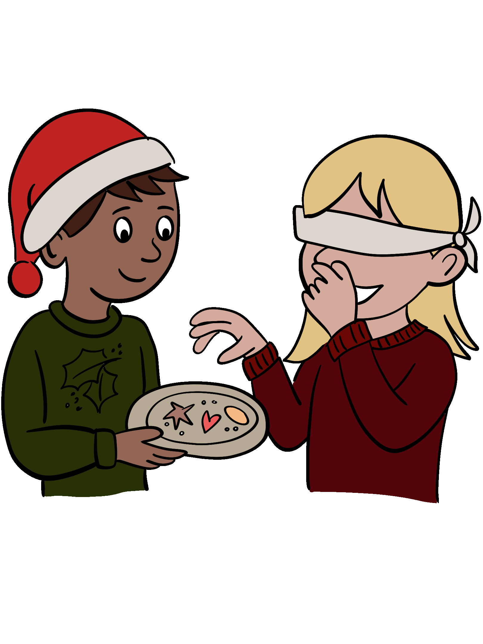 Zwei Kinder, eines hält einen Teller mit Weihnachtsgebäck, das andere probiert ein Stück mit verbundenen Augen