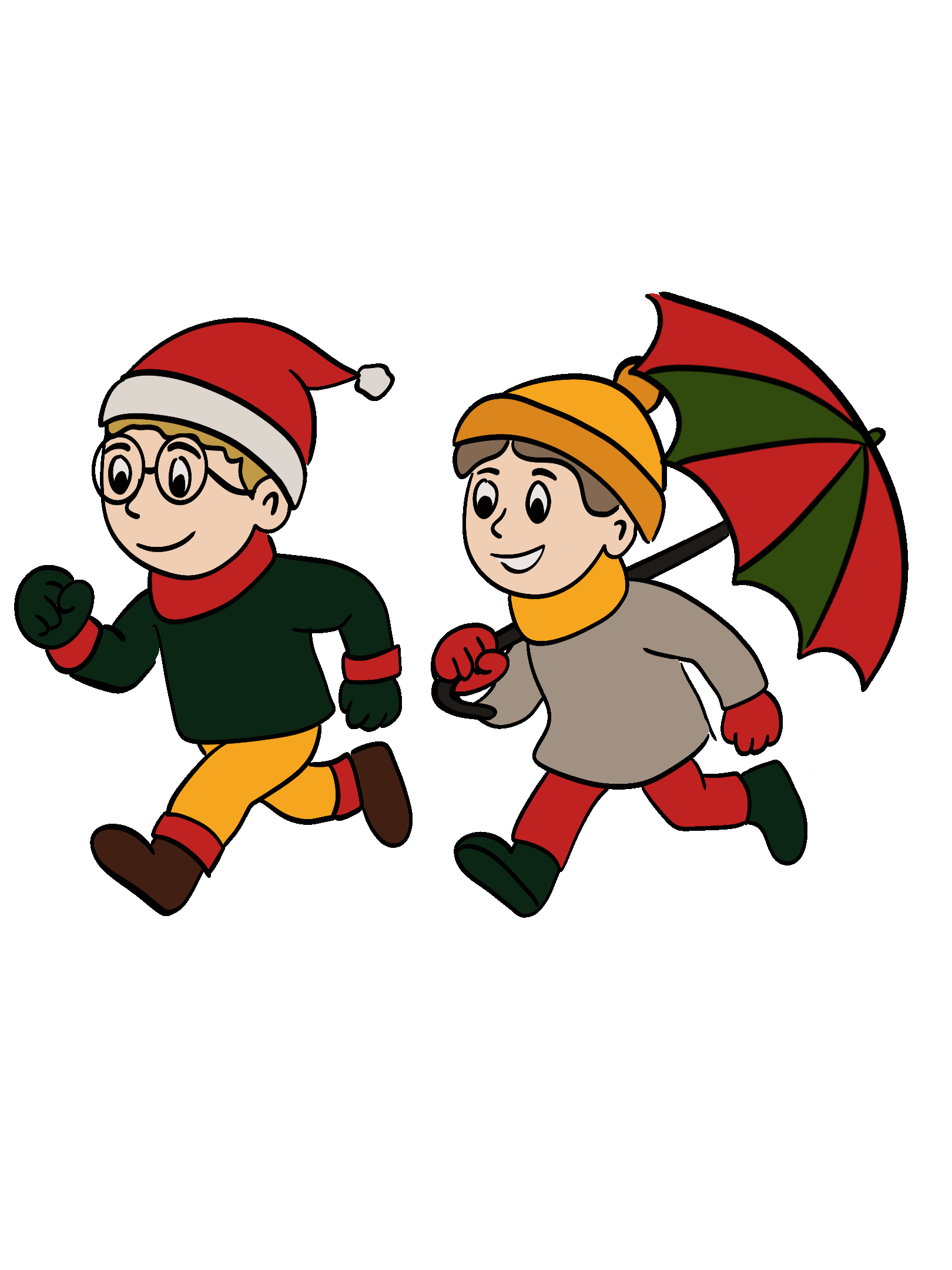 Zwei Kinder rennen um die Wette, eines hält dabei einen gespannten Regenschirm