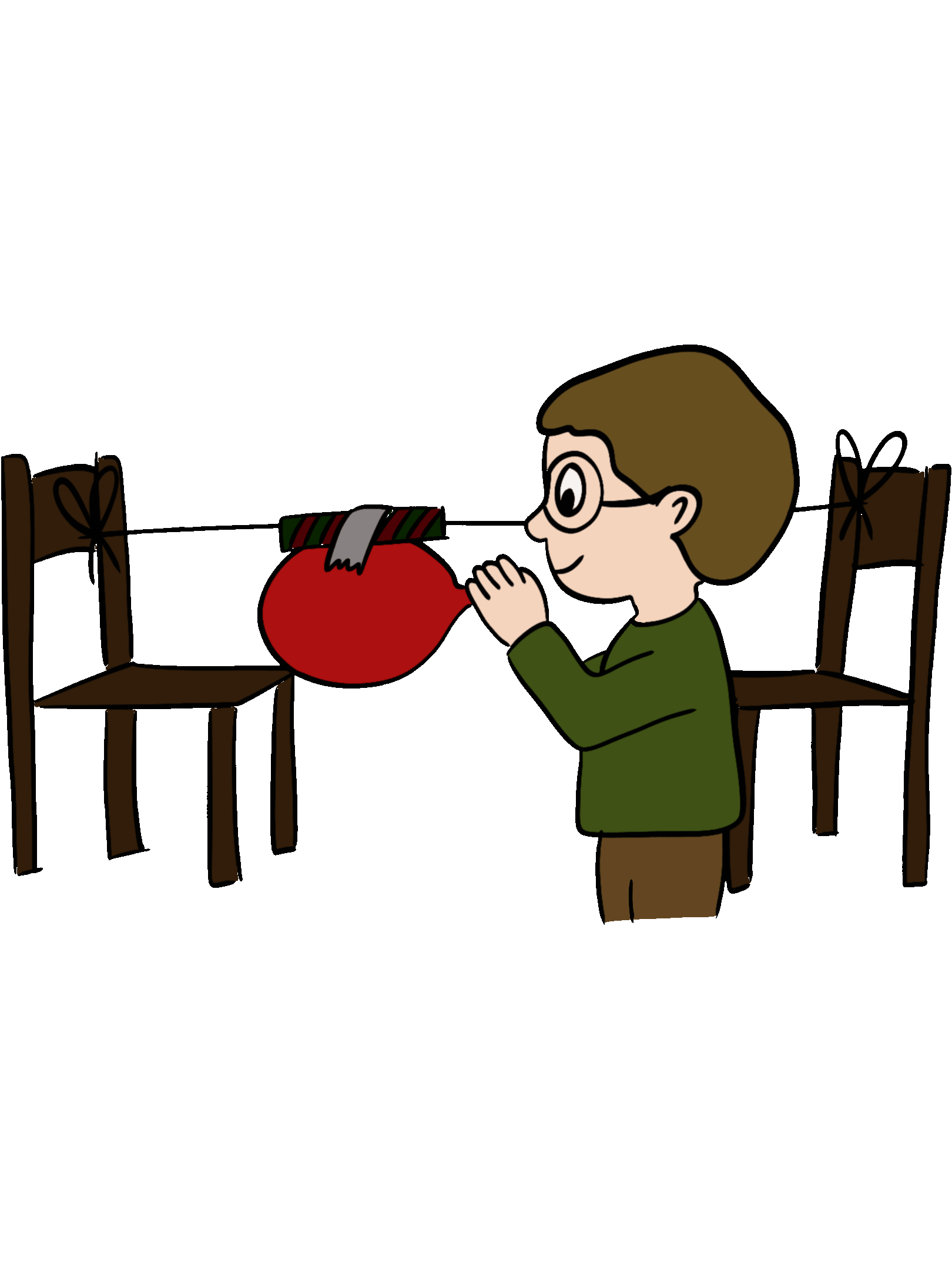 Ein Kind startet eine Luftballonrakete, der Ballon ist an einem Strohhalm auf einer gespannten Schnur zwischen zwei Stühlen befestigt