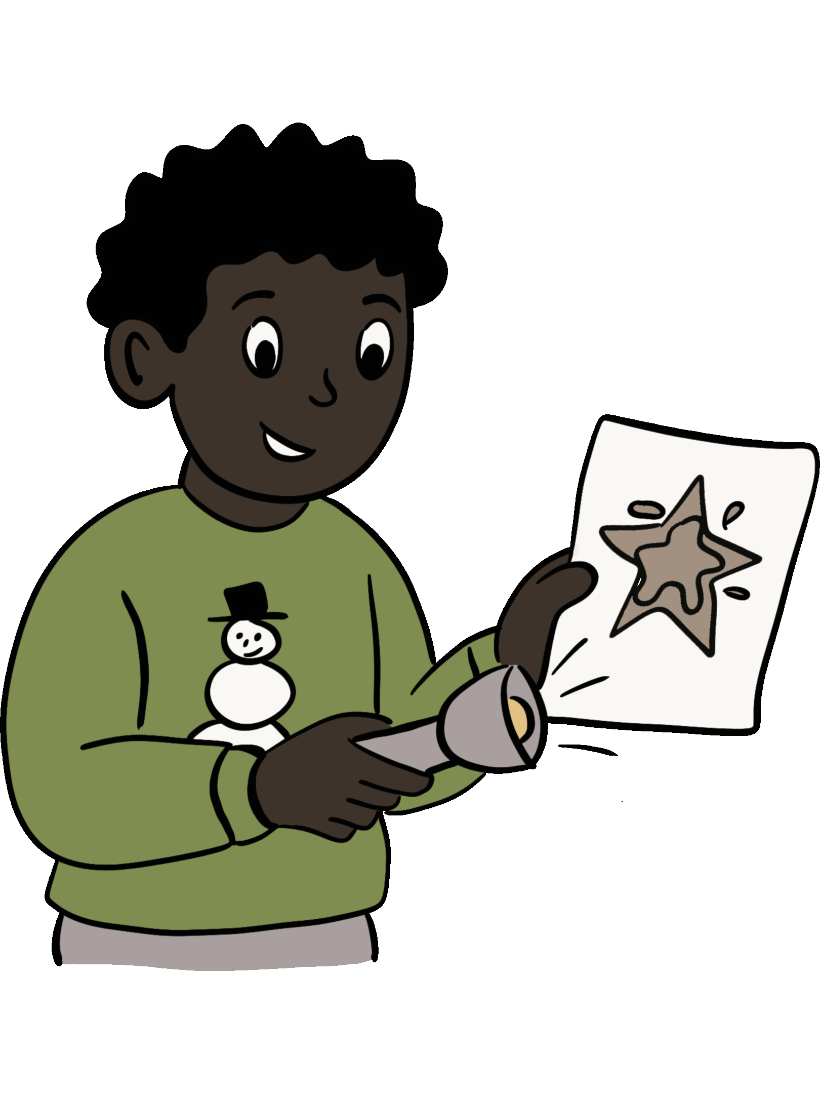 Ein Kind hält ein Blatt Papier vor eine Taschenlampe, auf dem ein mit Öl gemalter Stern sichtbar wird